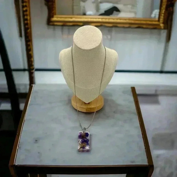 Dried Flowers Forget-Me-Not Resin Dog Tags Statement Neckace Silver Plated chain - Picture 6 of 6